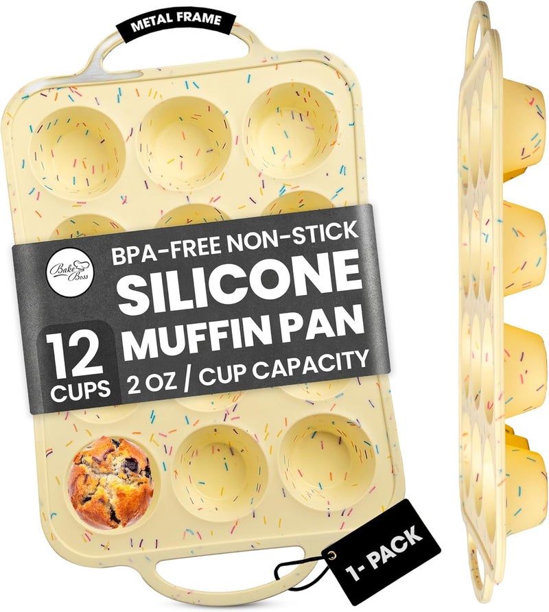 BAKE BOSS Silicone Mini Muffin Pan 12 Count – Non-Stick Muffin Pans for Baking, BPA-Free Silicone Cupcake Pans for Baking, Easy Release, Metal Handles, Oven & Dishwasher Safe - Image 1